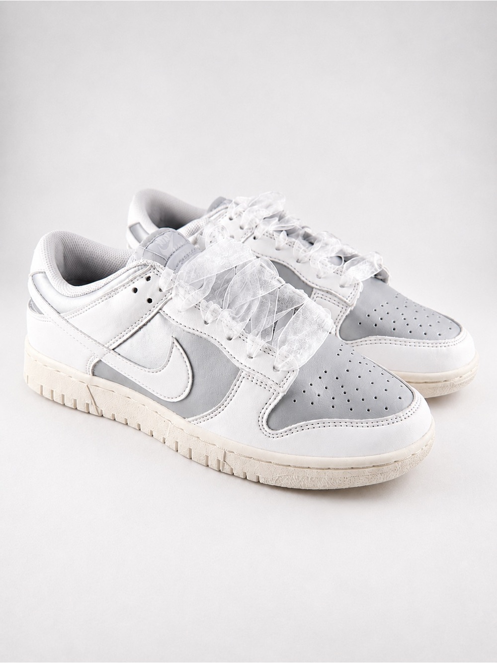 Size 9.5W- Nike Dunk Low Next Nature Sheer Lace Sneakers in White and Light Gray